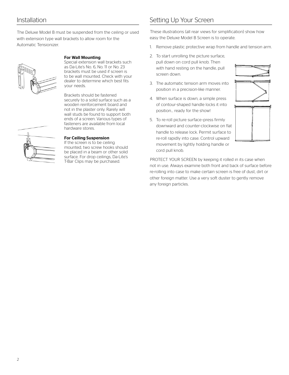 Installation setting up your screen | Da-Lite Deluxe Model B User Manual | Page 2 / 4