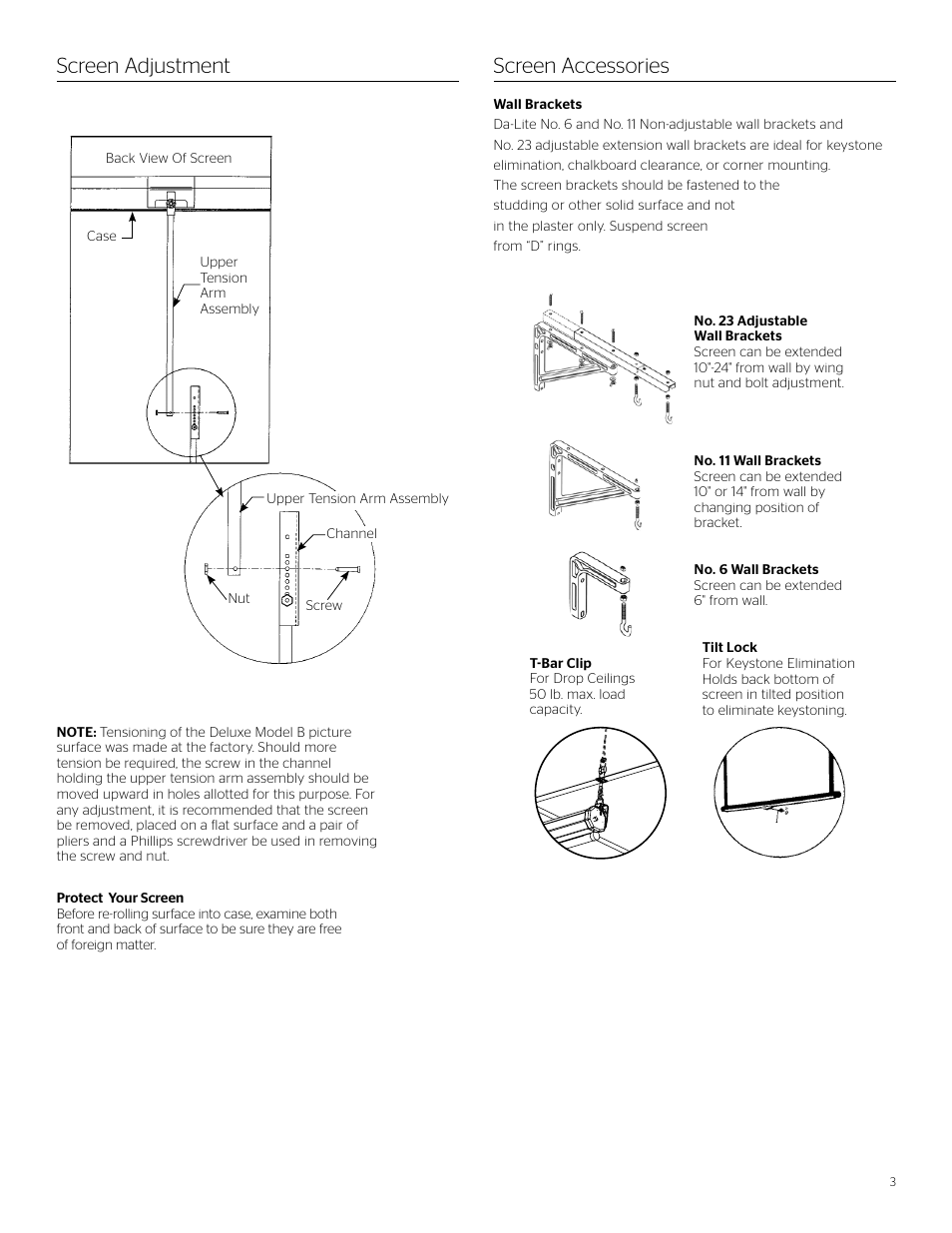 Screen adjustment screen accessories | Da-Lite Deluxe Model B User Manual | Page 3 / 4