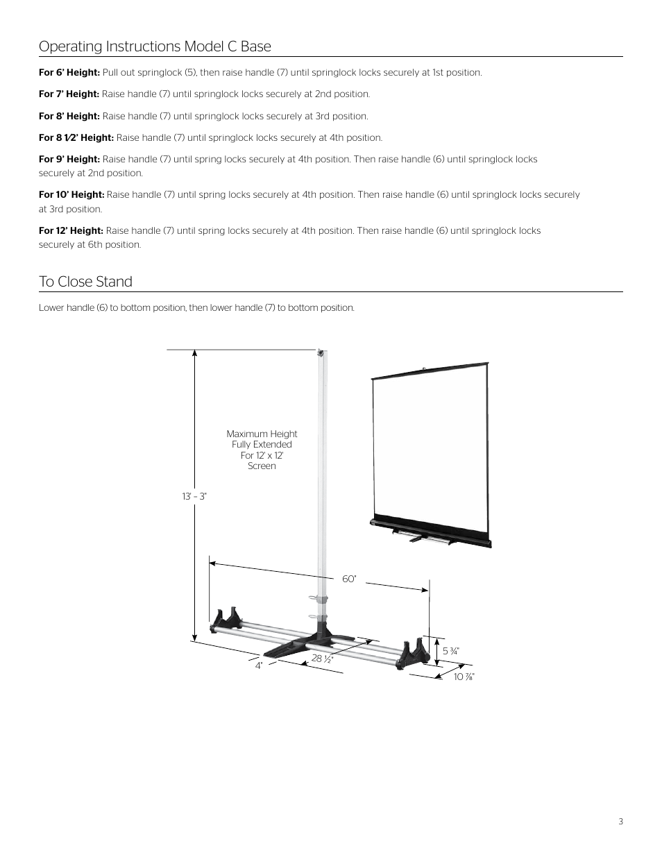 Operating instructions model c base to close stand | Da-Lite Floor Model C User Manual | Page 3 / 4