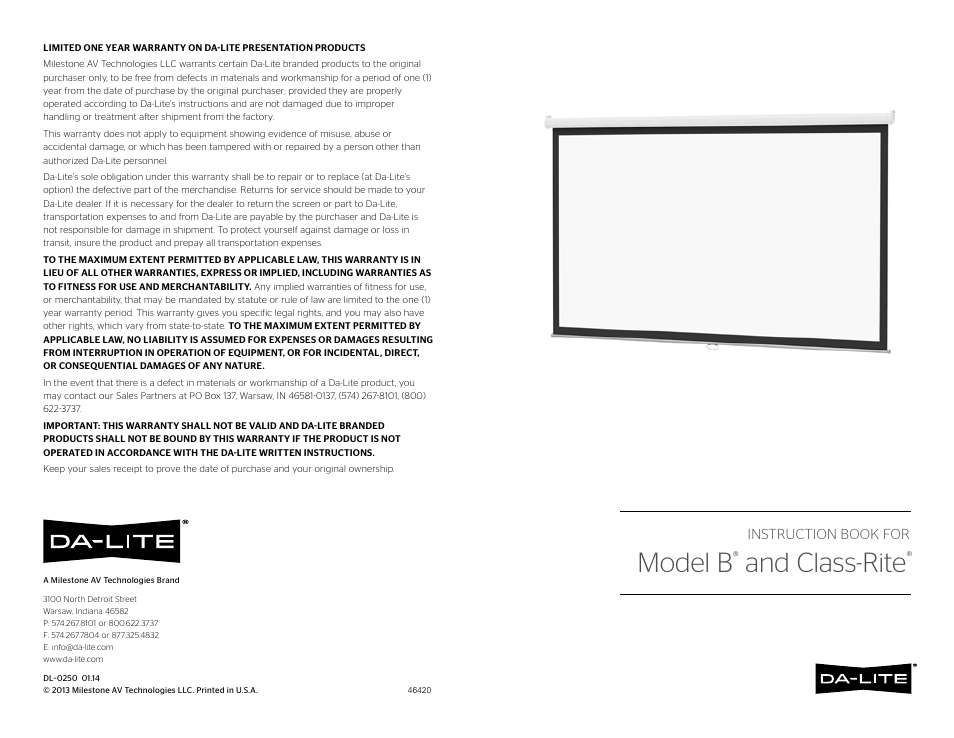 Da-Lite Model B User Manual | 2 pages