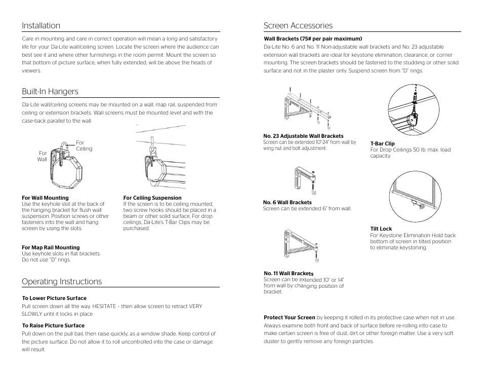 Installation built-in hangers, Operating instructions screen accessories | Da-Lite Model B User Manual | Page 2 / 2