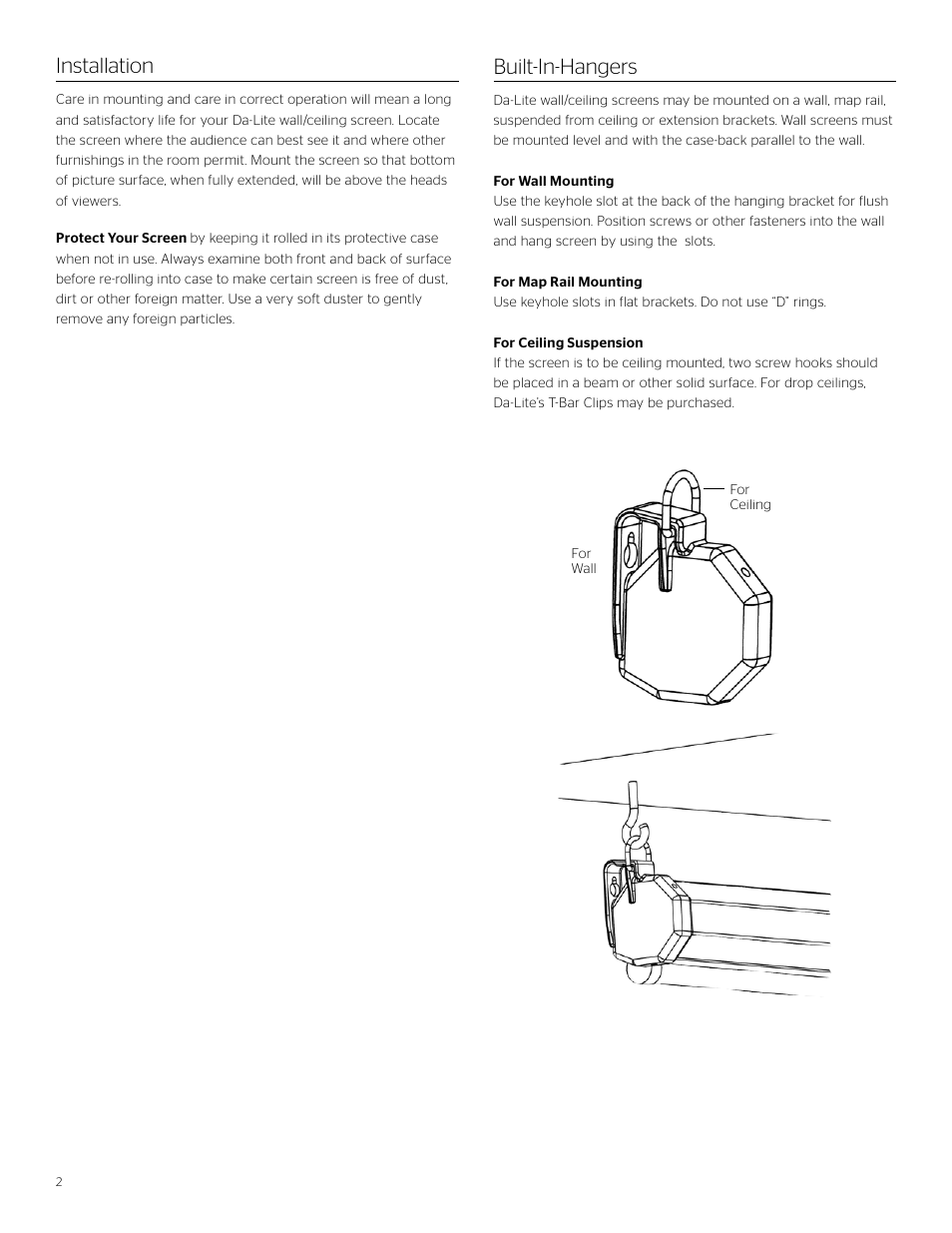 Built-in-hangers installation | Da-Lite Model B with CSR User Manual | Page 2 / 4
