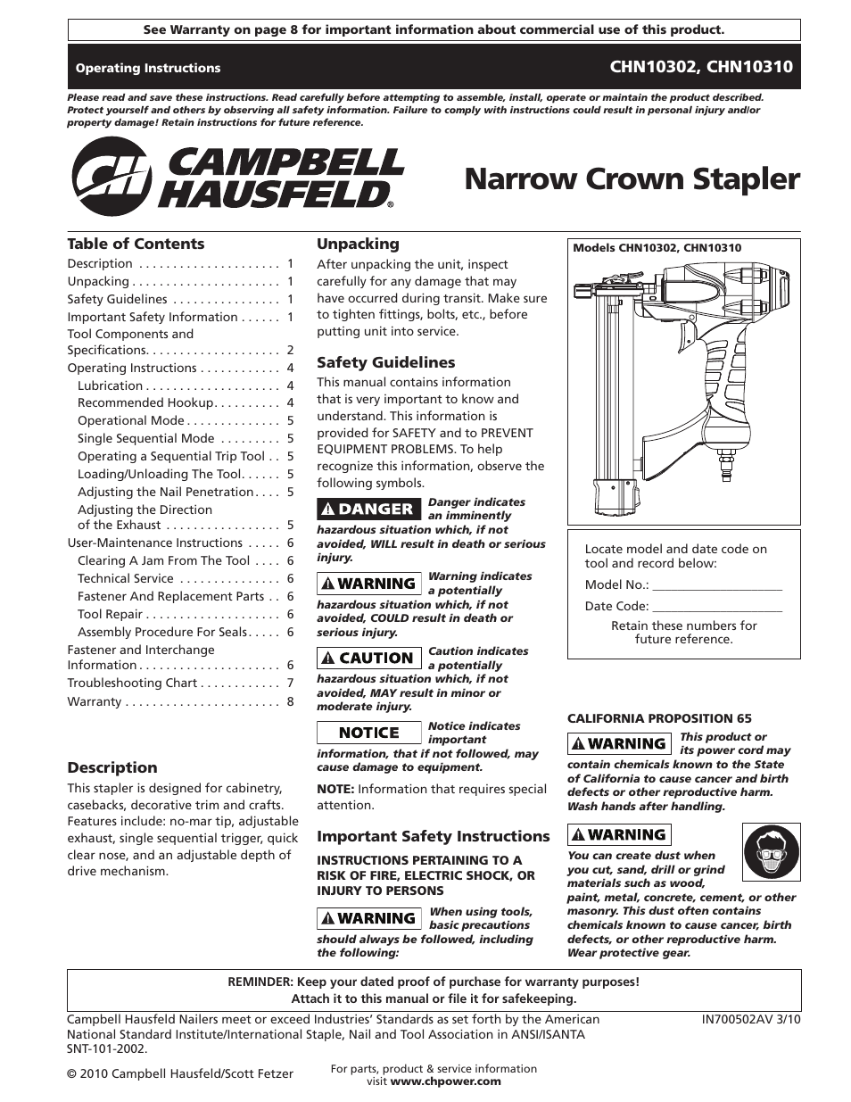 Campbell Hausfeld IN700502AV User Manual | 24 pages