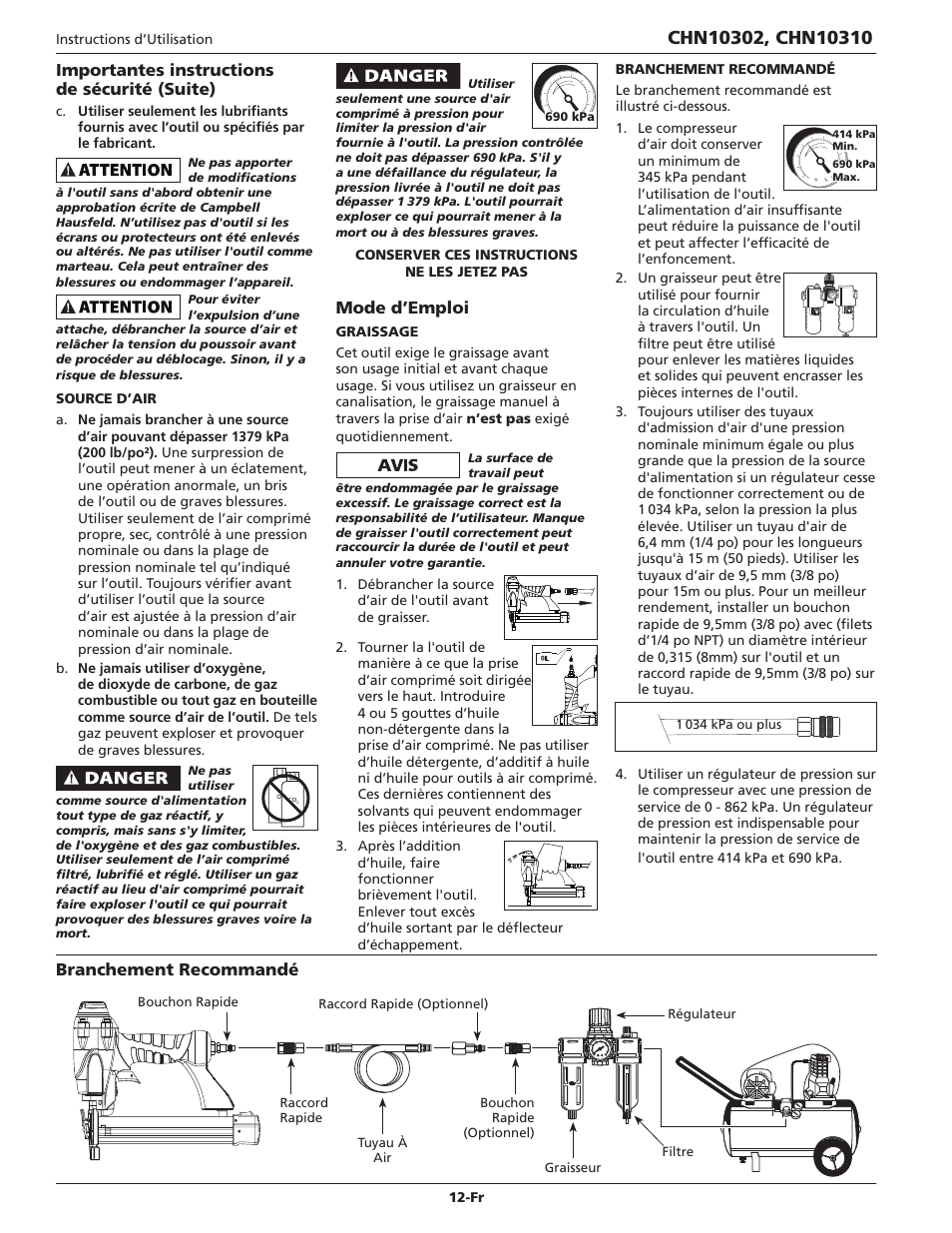 Importantes instructions de sécurité (suite), Mode d’emploi, Branchement recommandé | Campbell Hausfeld IN700502AV User Manual | Page 12 / 24