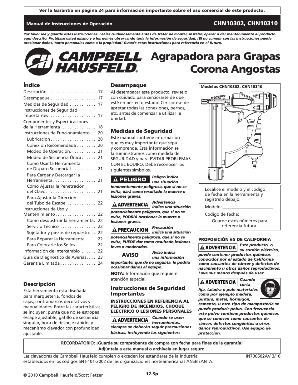 Agrapadora para grapas corona angostas | Campbell Hausfeld IN700502AV User Manual | Page 17 / 24