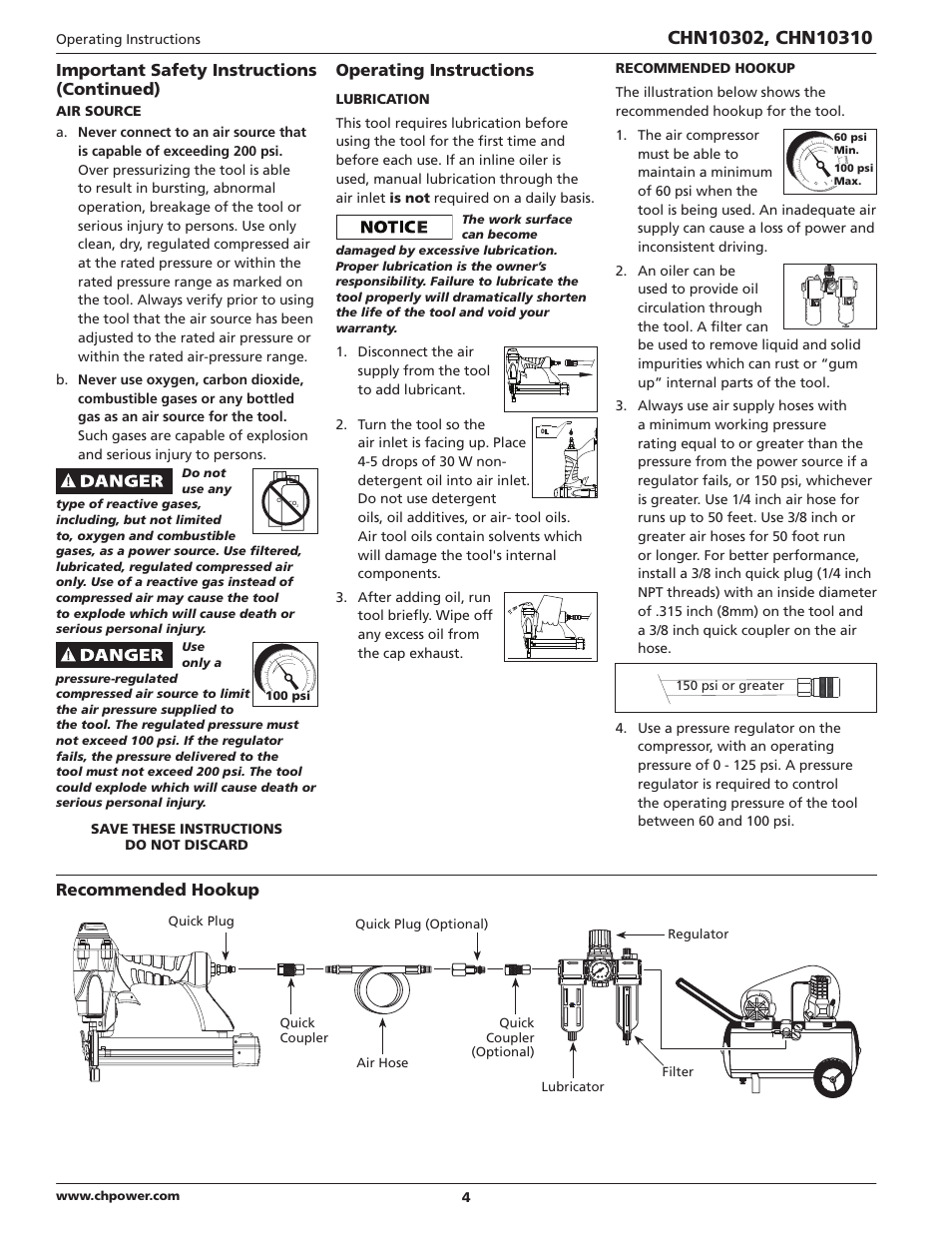 Important safety instructions (continued), Operating instructions, Recommended hookup | Campbell Hausfeld IN700502AV User Manual | Page 4 / 24