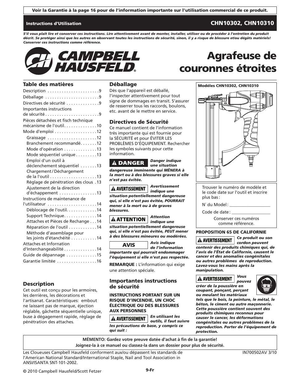 Agrafeuse de couronnes étroites | Campbell Hausfeld IN700502AV User Manual | Page 9 / 24