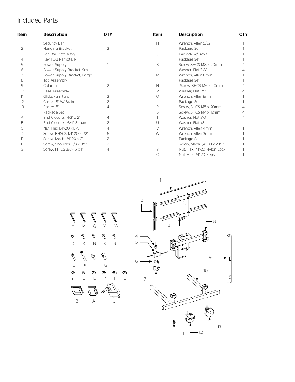 Included parts | Da-Lite Automated Confidence Monitor Stand User Manual | Page 3 / 8