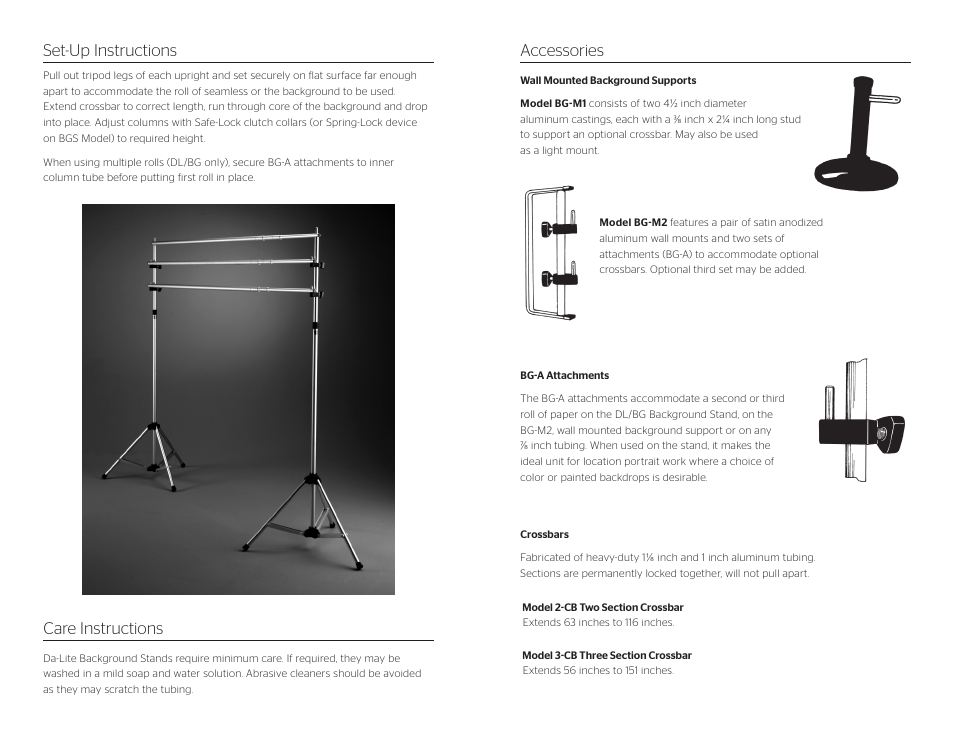 Set-up instructions care instructions, Accessories | Da-Lite Background Stand System User Manual | Page 2 / 2