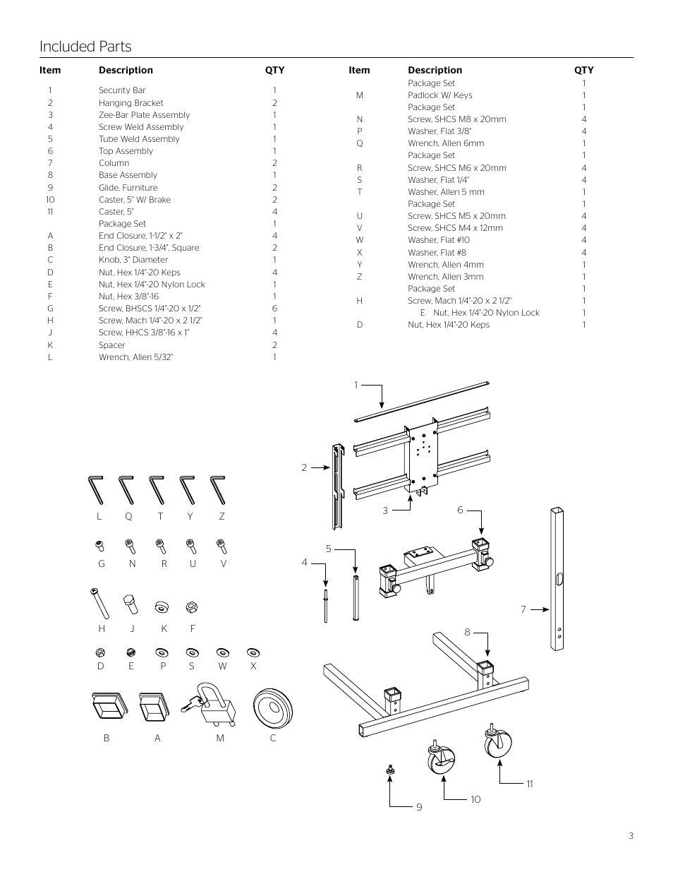 Included parts | Da-Lite Manual Confidence Monitor Stand User Manual | Page 3 / 8