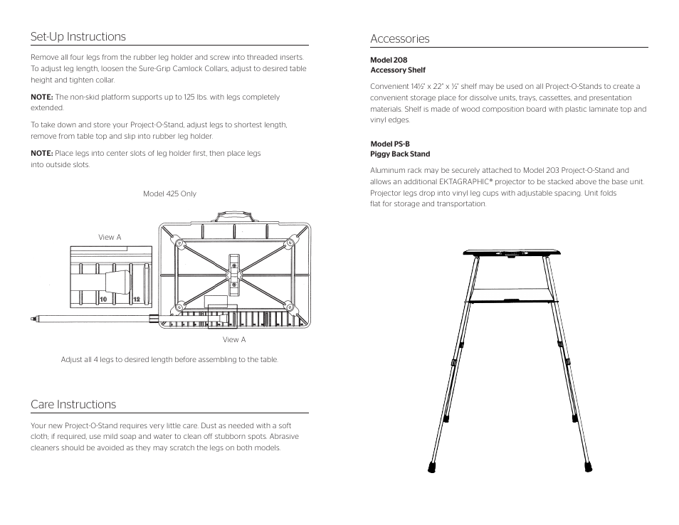 Set-up instructions care instructions, Accessories | Da-Lite Project-O-Stand User Manual | Page 2 / 2