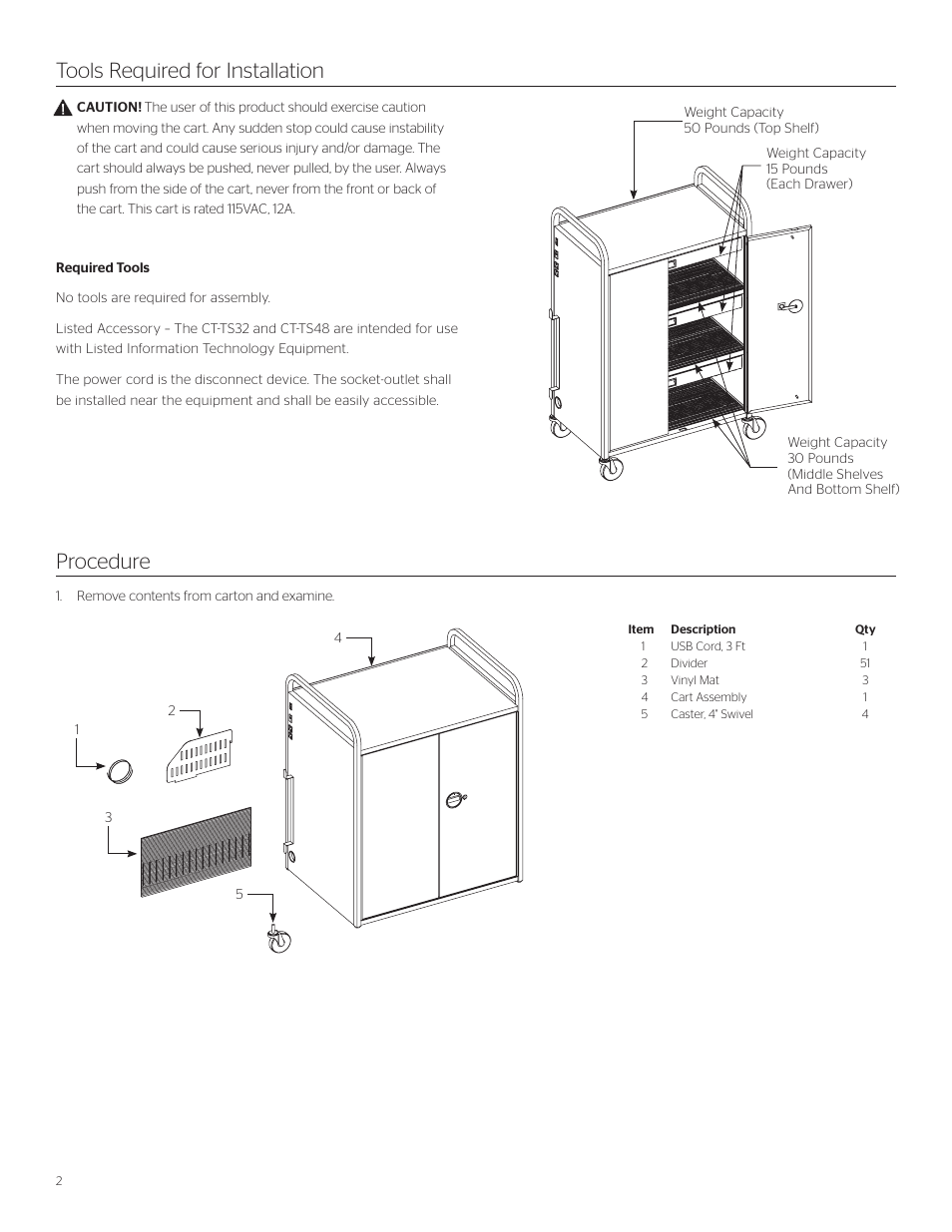 Tools required for installation procedure | Da-Lite Tablet Sync, Charging and Storage Carts User Manual | Page 2 / 4
