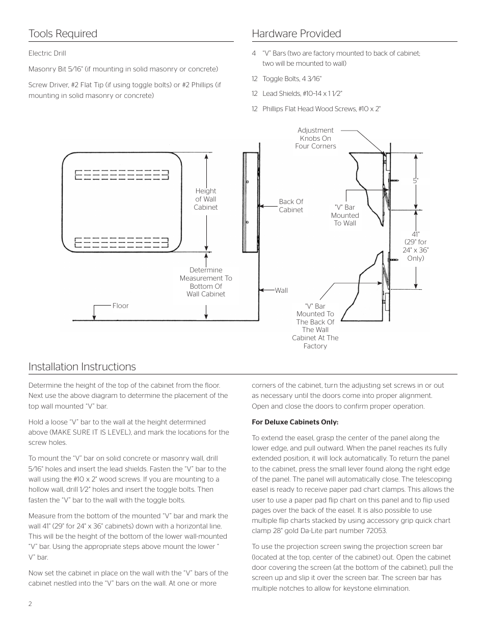 Tools required hardware provided, Installation instructions | Da-Lite Cambridge Conference Cabinet User Manual | Page 2 / 4