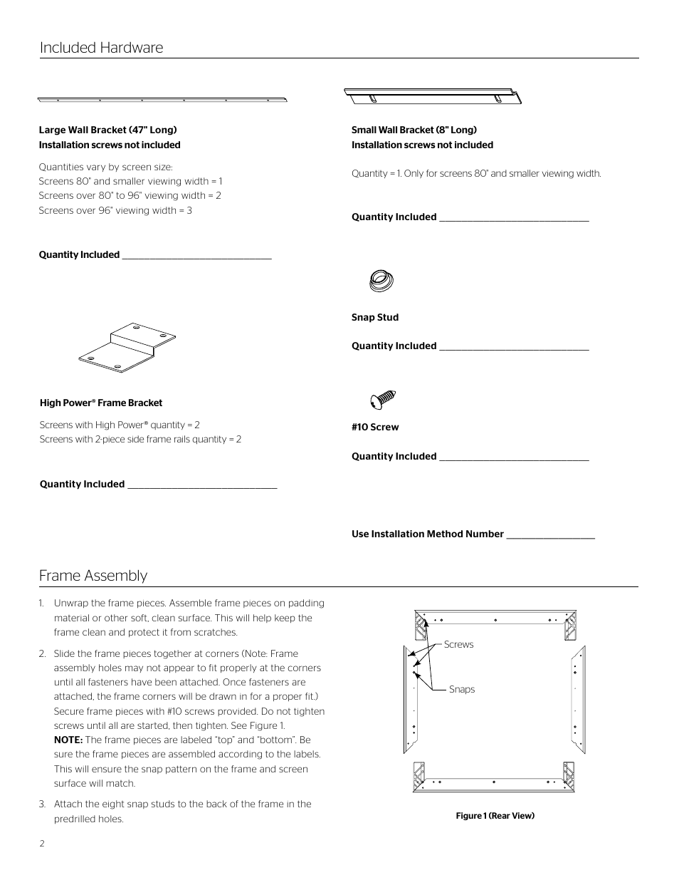 Included hardware frame assembly | Da-Lite Cinema Contour User Manual | Page 2 / 8