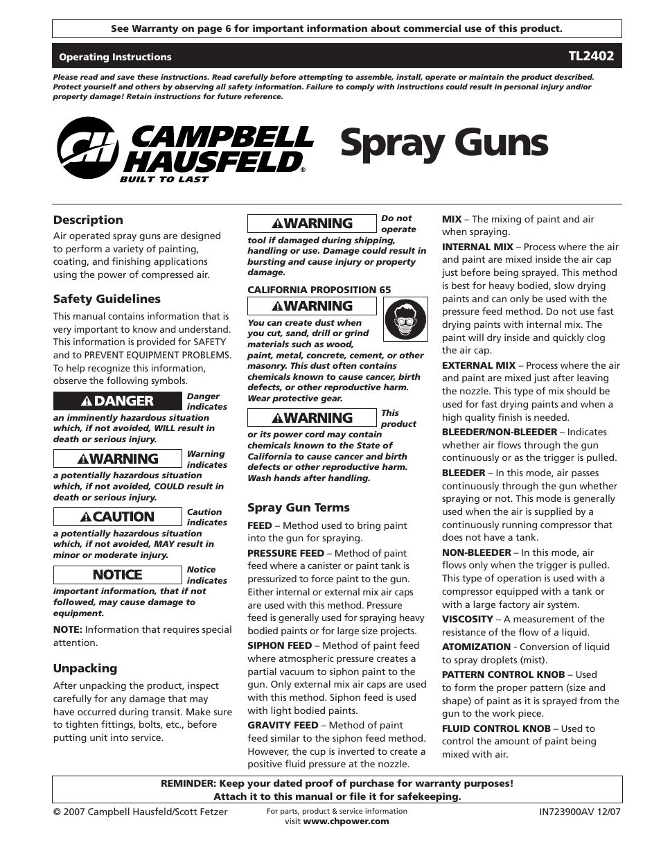 Campbell Hausfeld TL2402 User Manual | 28 pages