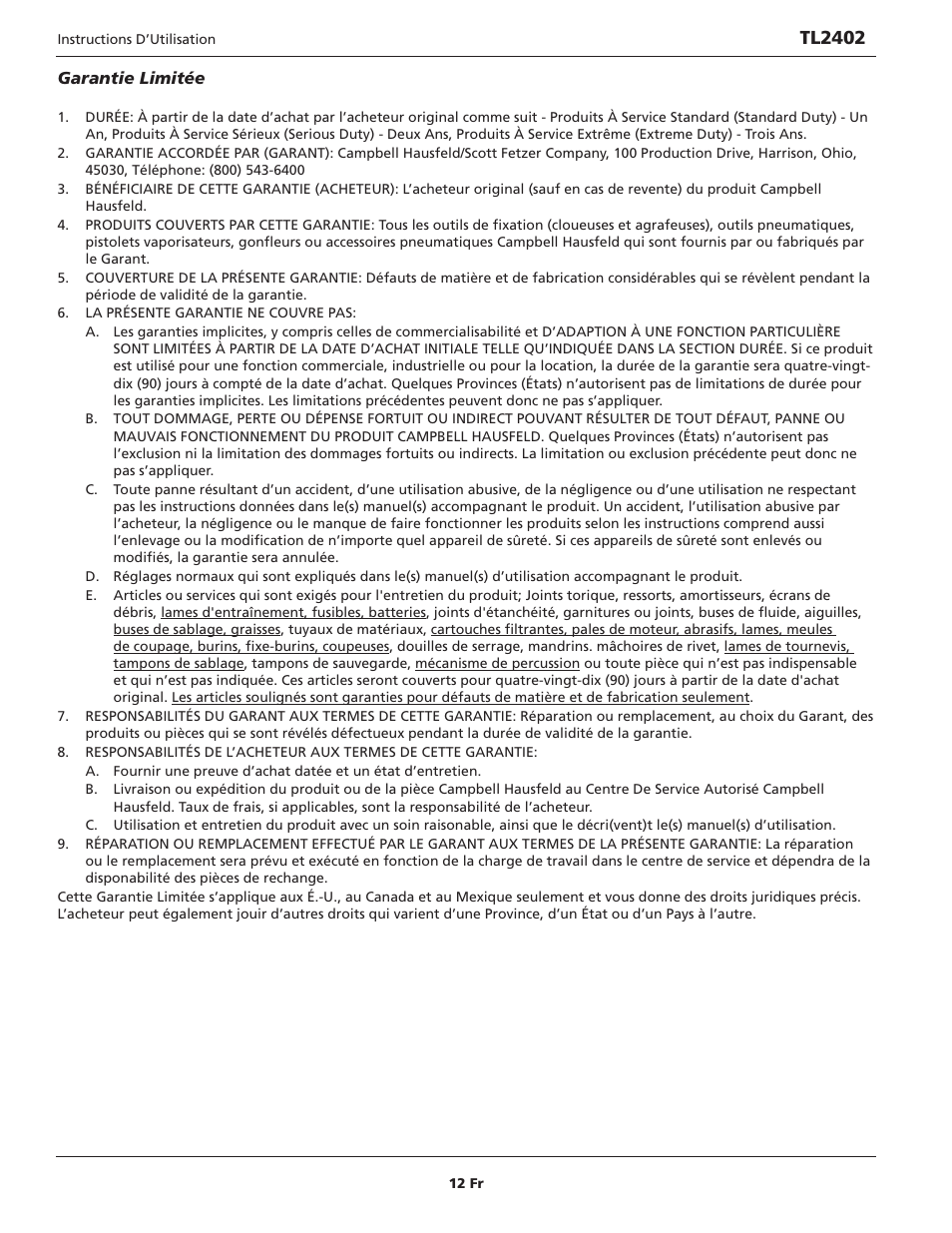 Tl2402 | Campbell Hausfeld TL2402 User Manual | Page 12 / 28