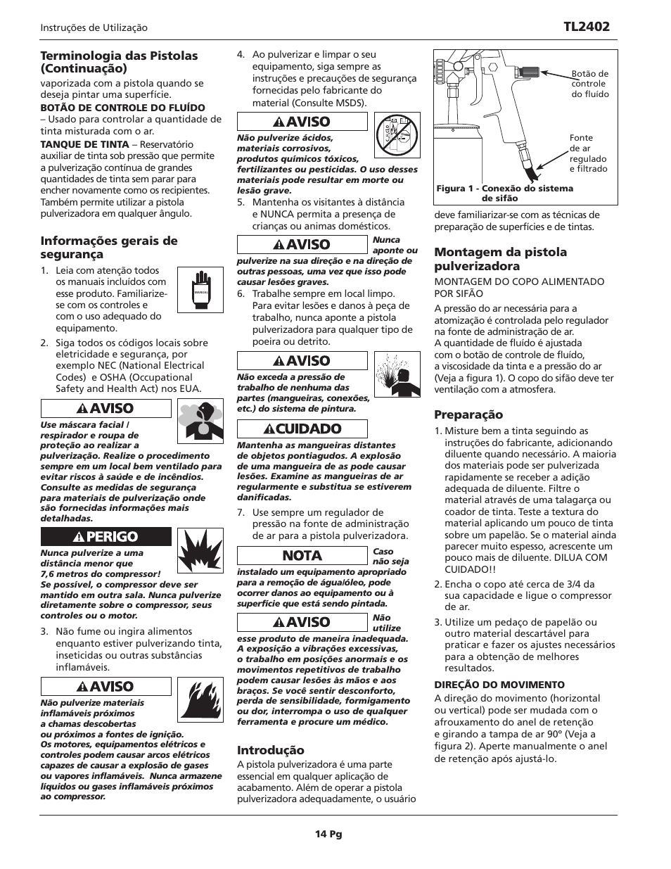 Tl2402, Terminologia das pistolas (continuação), Informações gerais de segurança | I ntrodução, Montagem da pistola pulverizadora, Preparação | Campbell Hausfeld TL2402 User Manual | Page 14 / 28