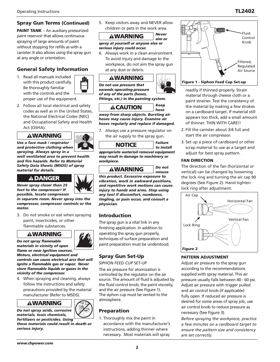 Tl2402, Spray gun terms, General safety information | Introduction, Spray gun set-up, Preparation | Campbell Hausfeld TL2402 User Manual | Page 2 / 28