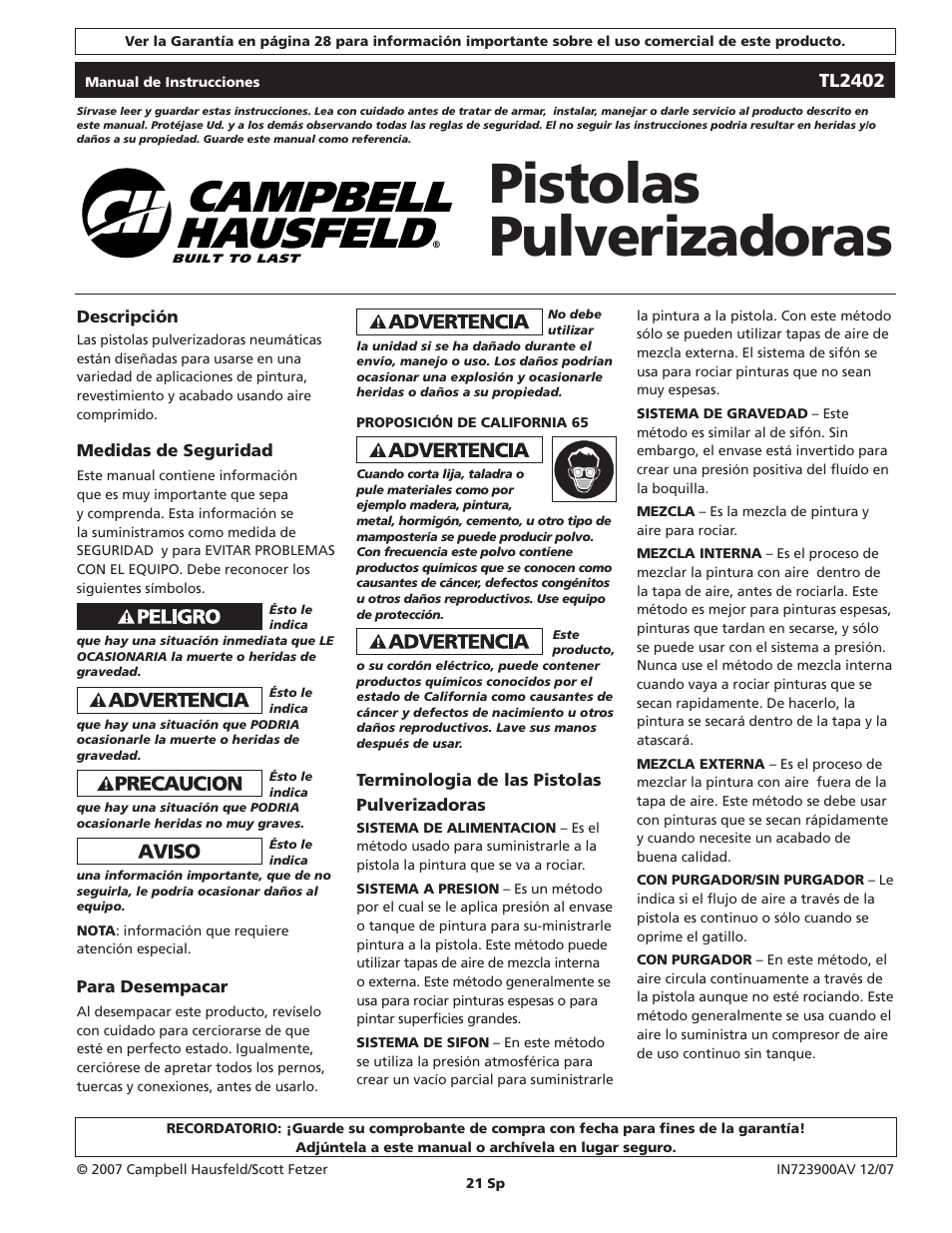 Pistolas pulverizadoras | Campbell Hausfeld TL2402 User Manual | Page 21 / 28