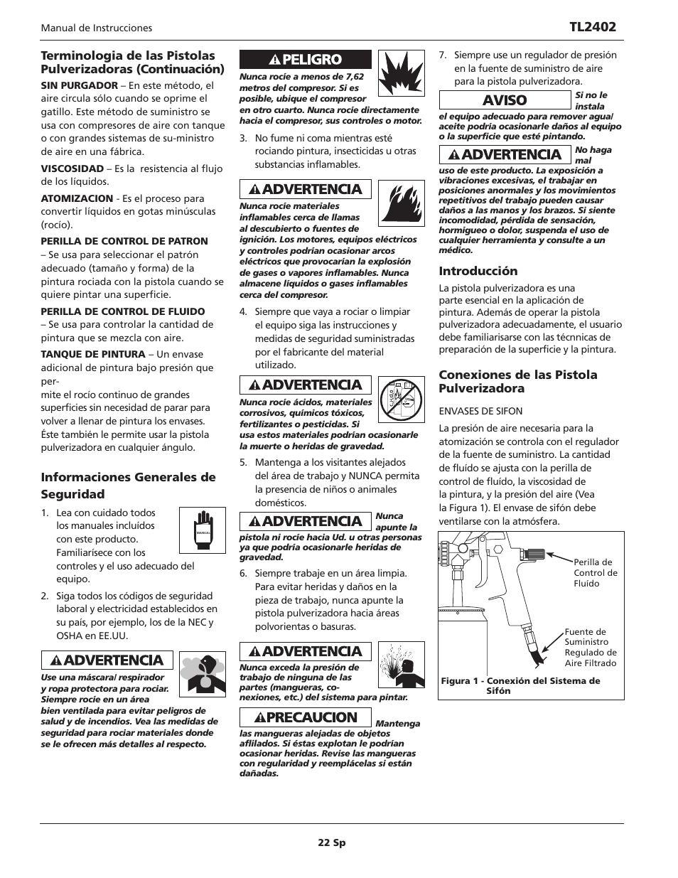 Tl2402, Informaciones generales de seguridad, Introducción | Conexiones de las pistola pulverizadora | Campbell Hausfeld TL2402 User Manual | Page 22 / 28