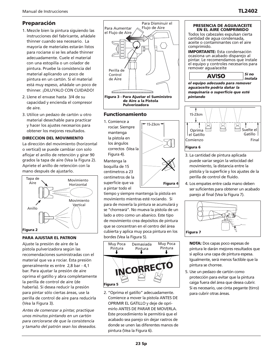 Incorrecto, Preparación, Tl2402 | Functionamiento | Campbell Hausfeld TL2402 User Manual | Page 23 / 28