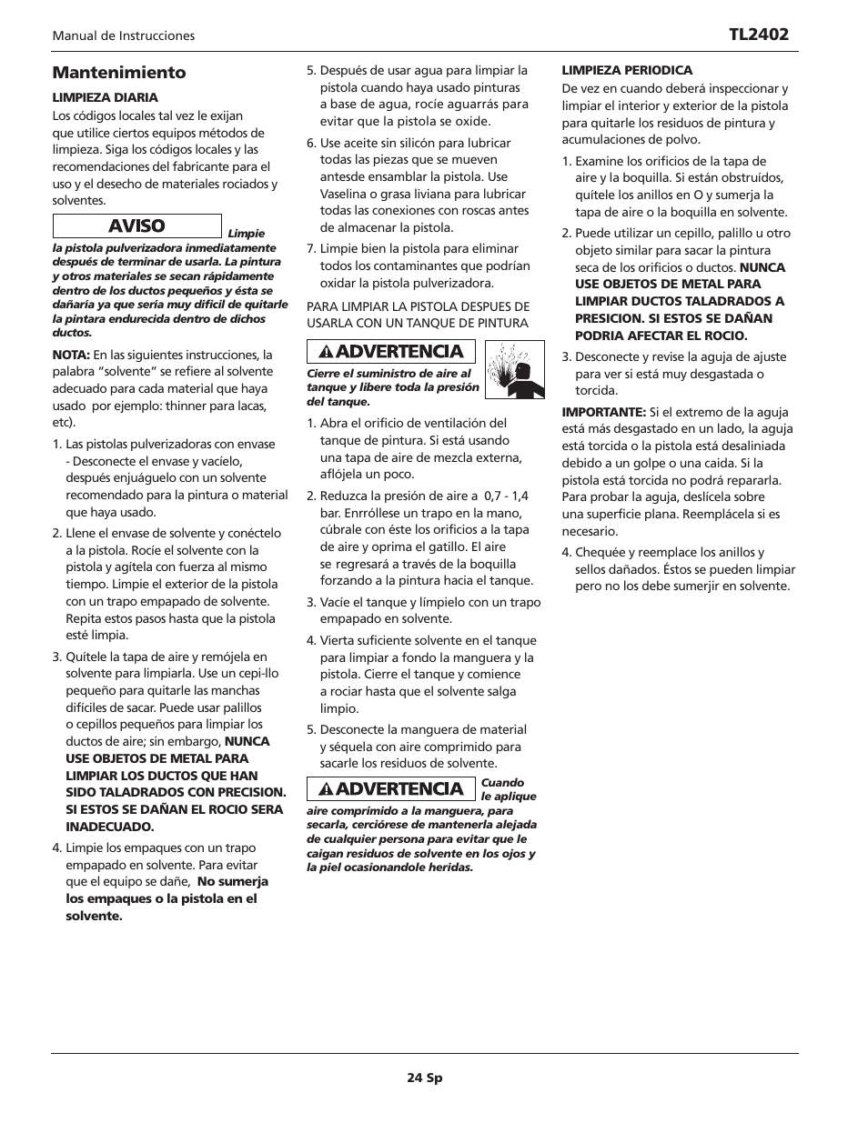 Tl2402, Mantenimiento | Campbell Hausfeld TL2402 User Manual | Page 24 / 28
