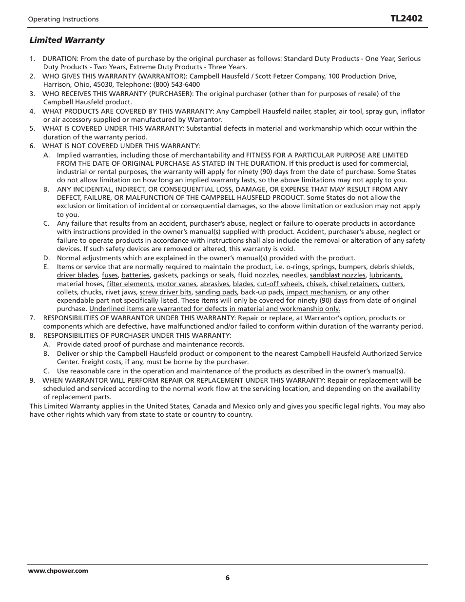 Tl2402 | Campbell Hausfeld TL2402 User Manual | Page 6 / 28