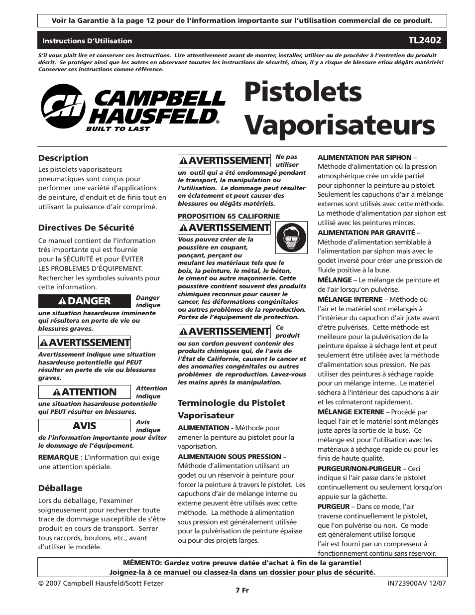 Pistolets vaporisateurs, Tl2402 | Campbell Hausfeld TL2402 User Manual | Page 7 / 28