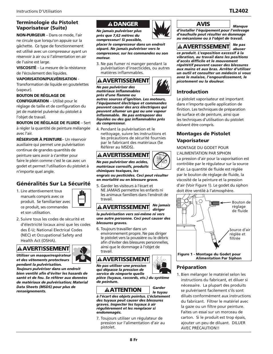 Généralités sur la sécurité, Tl2402, Terminologie du pistolet vaporisateur (suite) | Introduction, Montages de pistolet vaporisateur, Préparation | Campbell Hausfeld TL2402 User Manual | Page 8 / 28