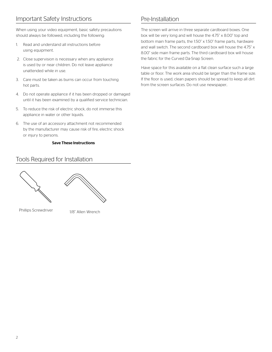 Pre-installation | Da-Lite Curved Multi Format Imager User Manual | Page 2 / 16