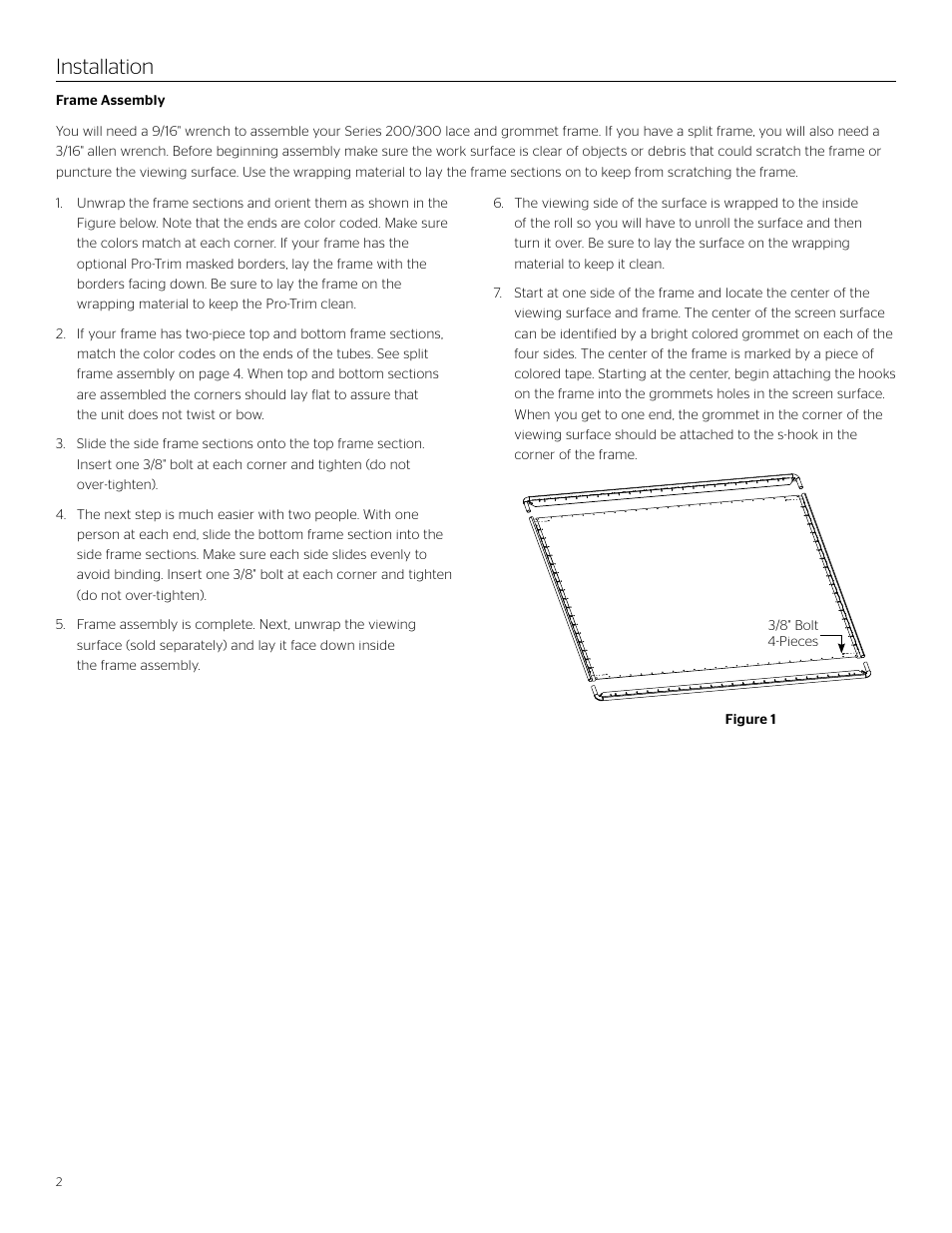 Installation | Da-Lite Curved Series 200 Lace and Grommet Frame User Manual | Page 2 / 8