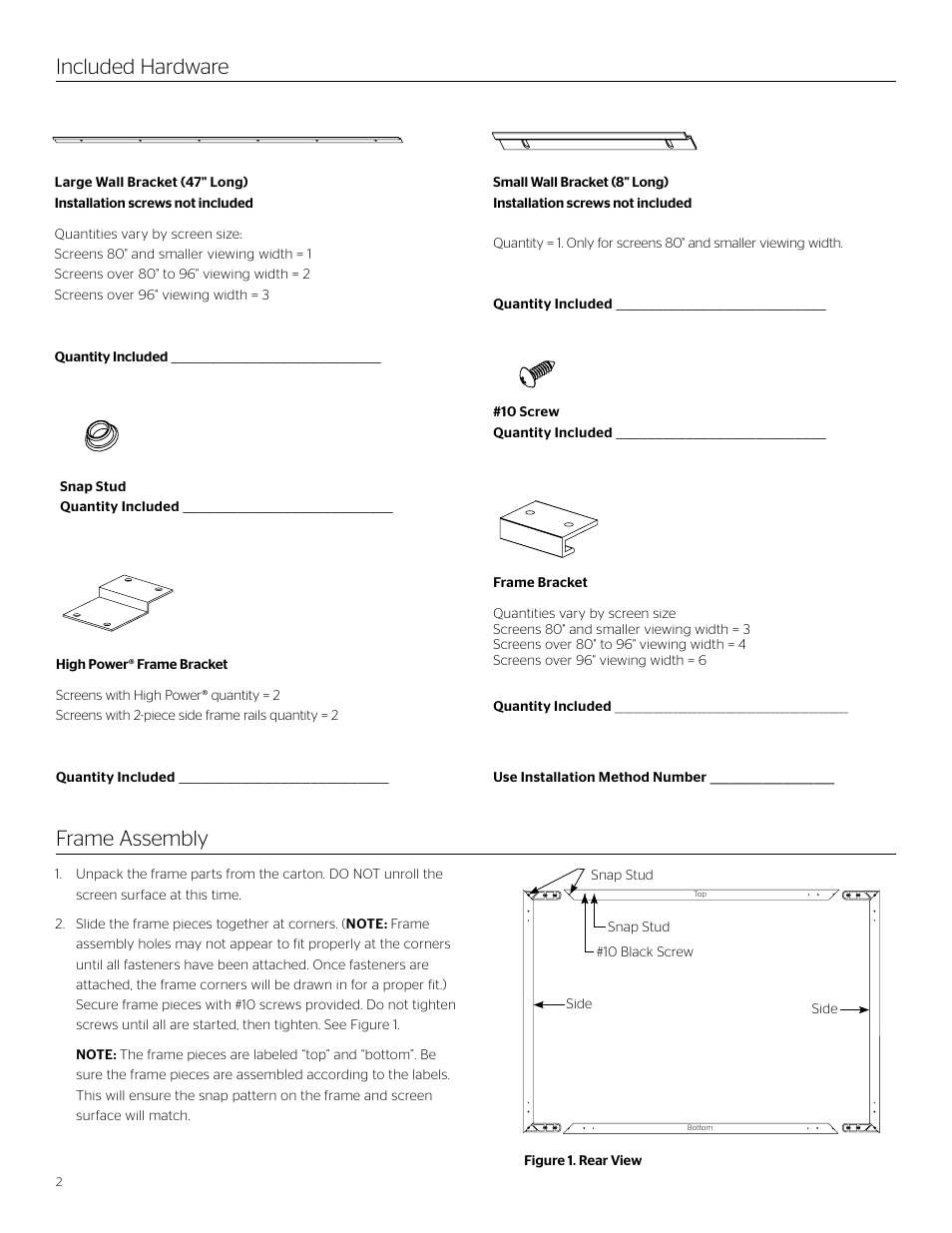 Frame assembly included hardware | Da-Lite Da-Snap User Manual | Page 2 / 8