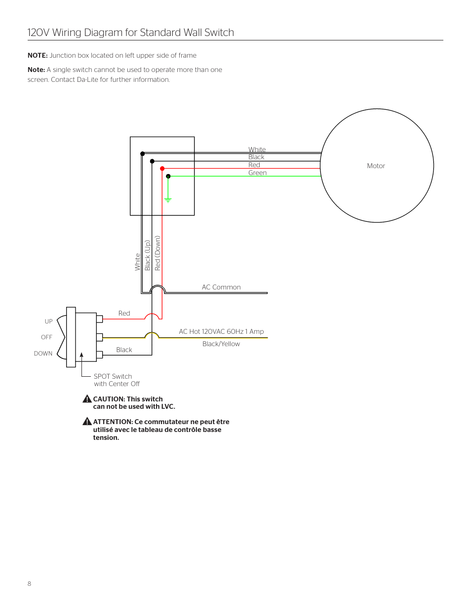 120v wiring diagram for standard wall switch | Da-Lite Dual Format Imager User Manual | Page 8 / 12