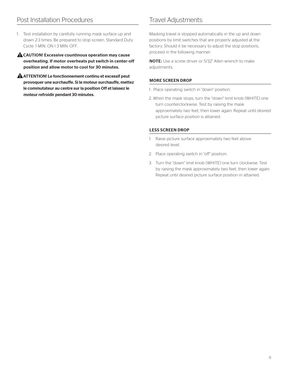 Post installation procedures travel adjustments | Da-Lite Dual Format Imager User Manual | Page 9 / 12