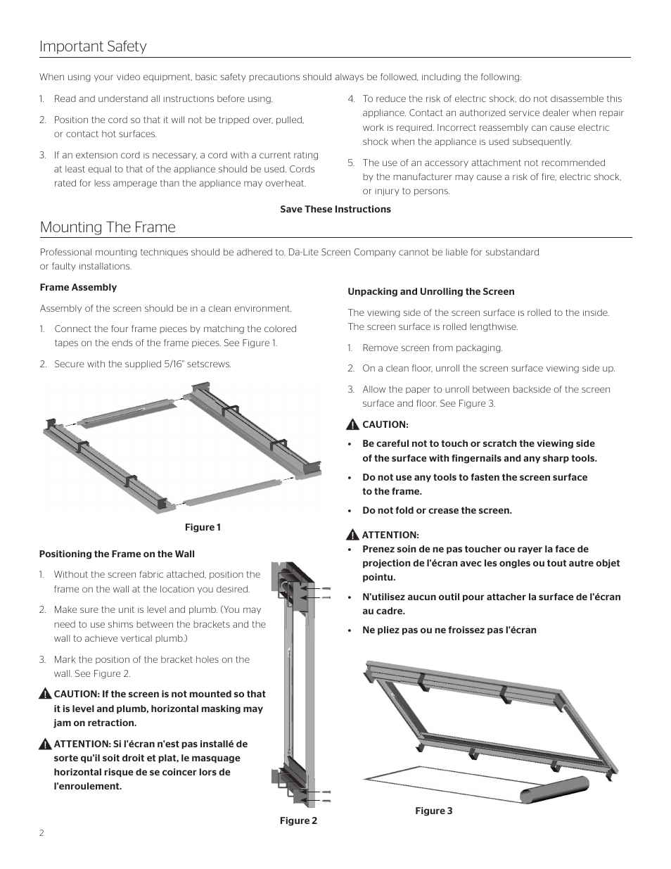 Mounting the frame, Important safety | Da-Lite Multi Mask Imager User Manual | Page 2 / 8