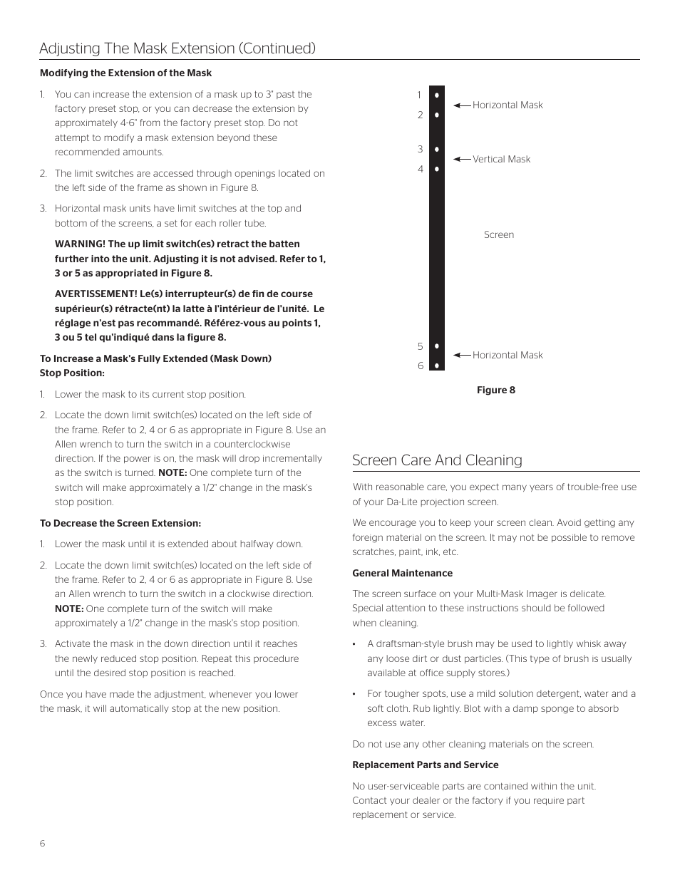 Adjusting the mask extension (continued), Screen care and cleaning | Da-Lite Multi Mask Imager User Manual | Page 6 / 8