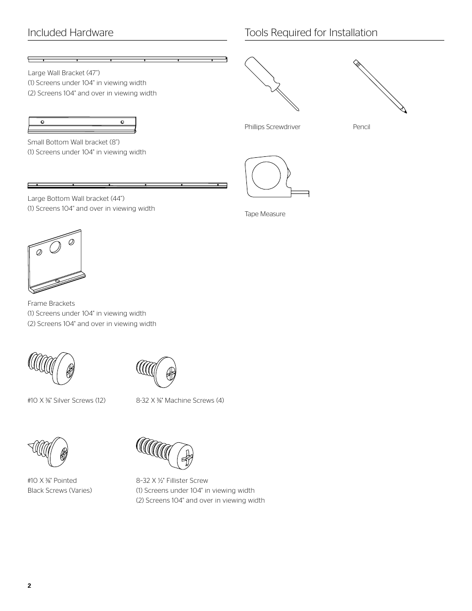 Tools required for installation included hardware | Da-Lite UTB Contour User Manual | Page 2 / 8