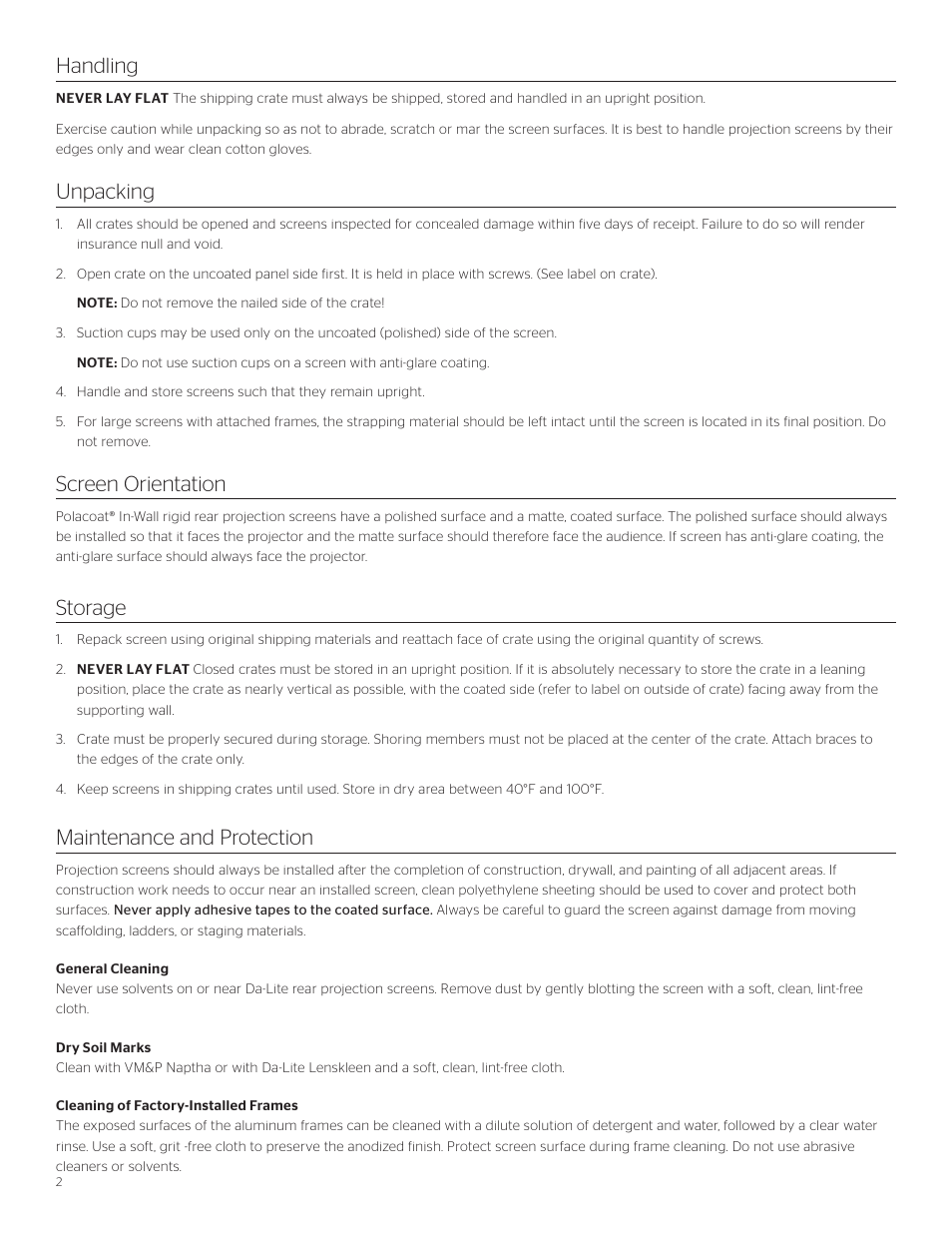 Handling, Storage, Unpacking | Screen orientation, Maintenance and protection | Da-Lite Da-Plex User Manual | Page 2 / 4