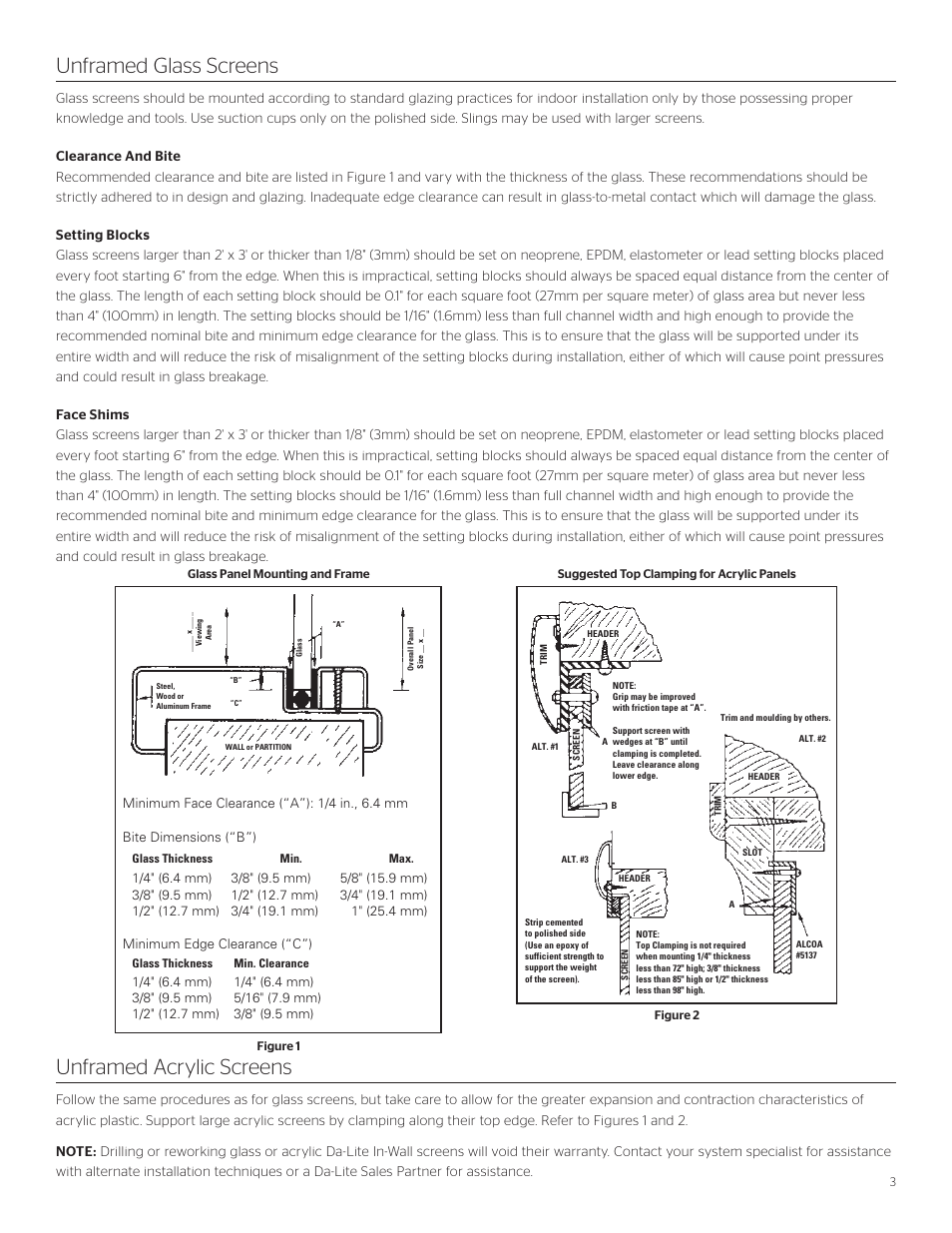 Unframed glass screens, Unframed acrylic screens | Da-Lite Da-Plex User Manual | Page 3 / 4