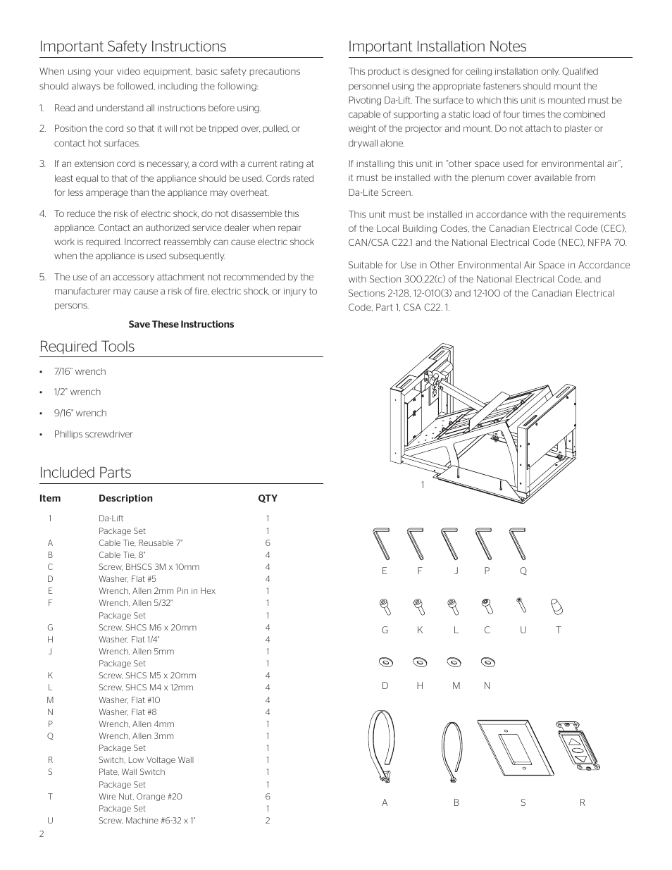 Included parts | Da-Lite Da-Lift Pivot Motorized Projector Lift User Manual | Page 2 / 8