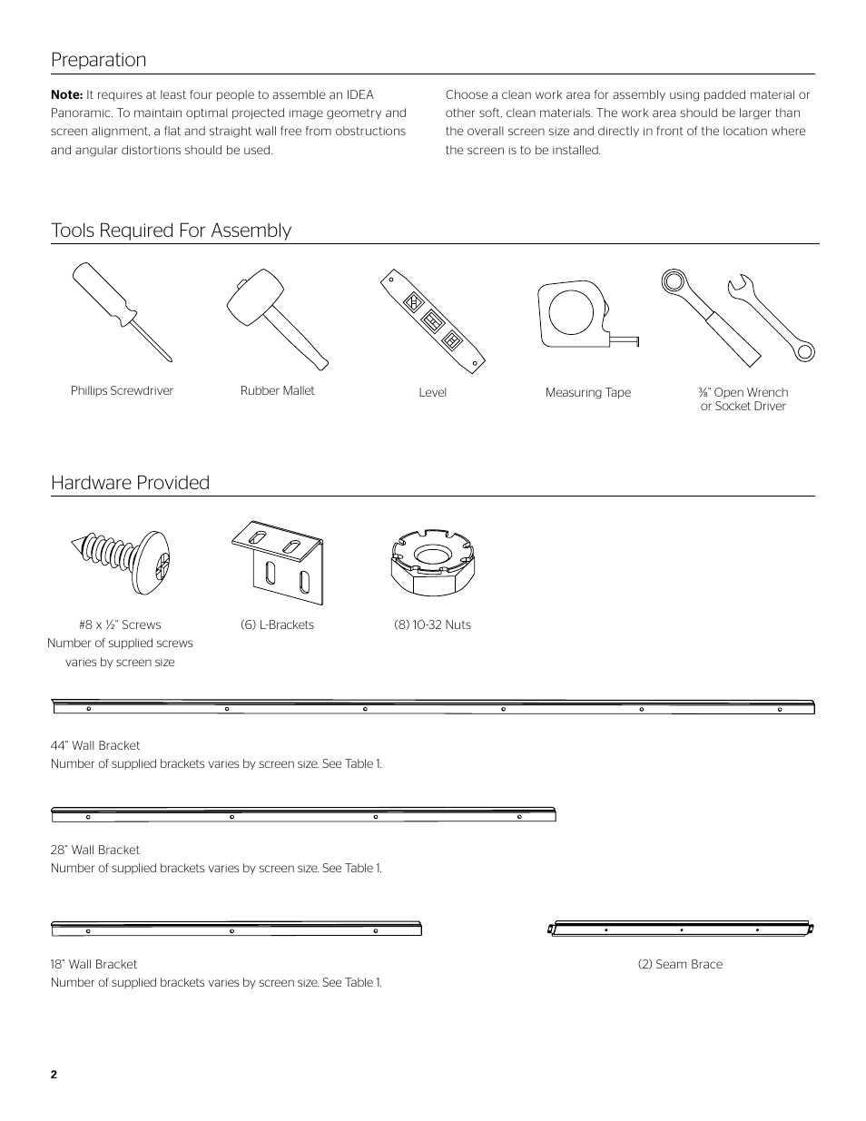 Preparation, Tools required for assembly, Hardware provided | Da-Lite IDEA Panoramic User Manual | Page 2 / 12