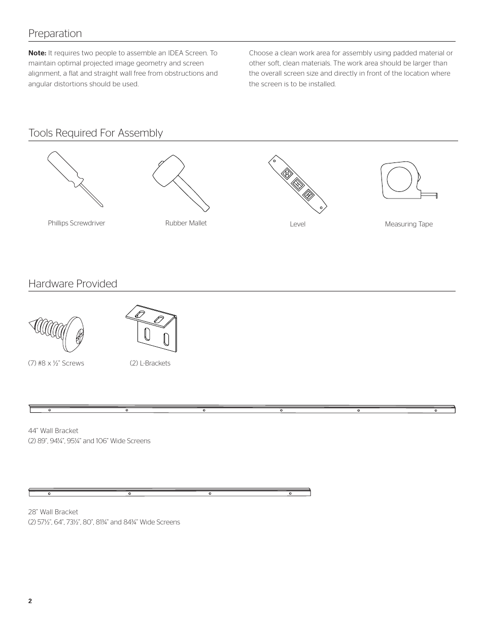 Preparation, Tools required for assembly, Hardware provided | Da-Lite IDEA Screen User Manual | Page 2 / 8