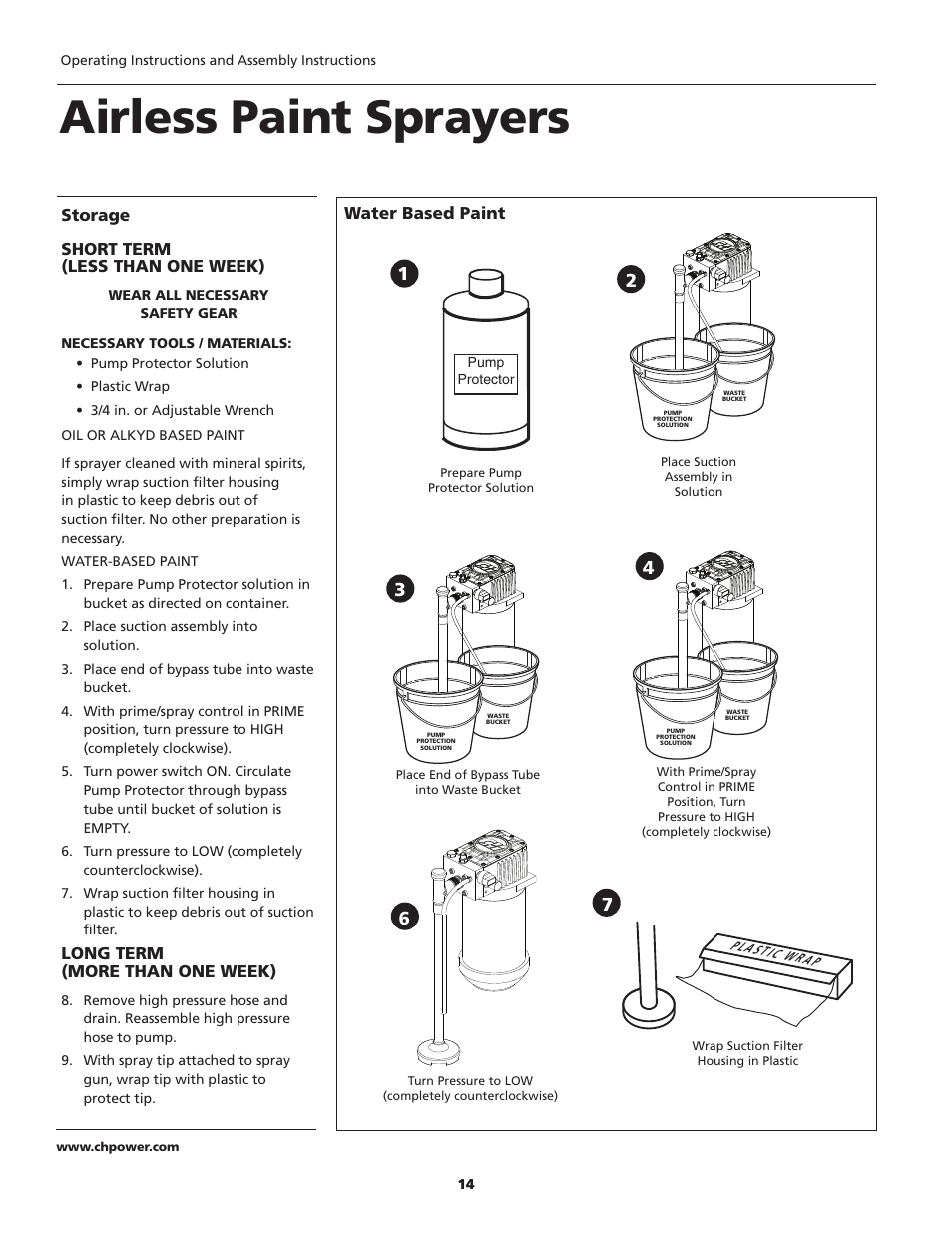 Airless paint sprayers, Storage short term (less than one week), Long term (more than one week) | Water based paint | Campbell Hausfeld PS260E User Manual | Page 14 / 24