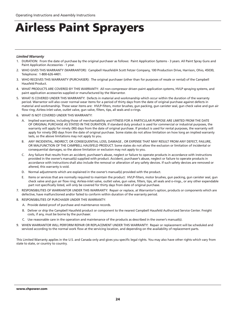 Airless paint sprayers | Campbell Hausfeld PS260E User Manual | Page 24 / 24