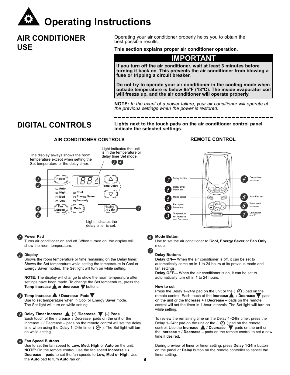 Operating instructions, Air conditioner use, Important | Digital controls, Air conditioner controls remote control | Danby DAC10000 User Manual | Page 10 / 39