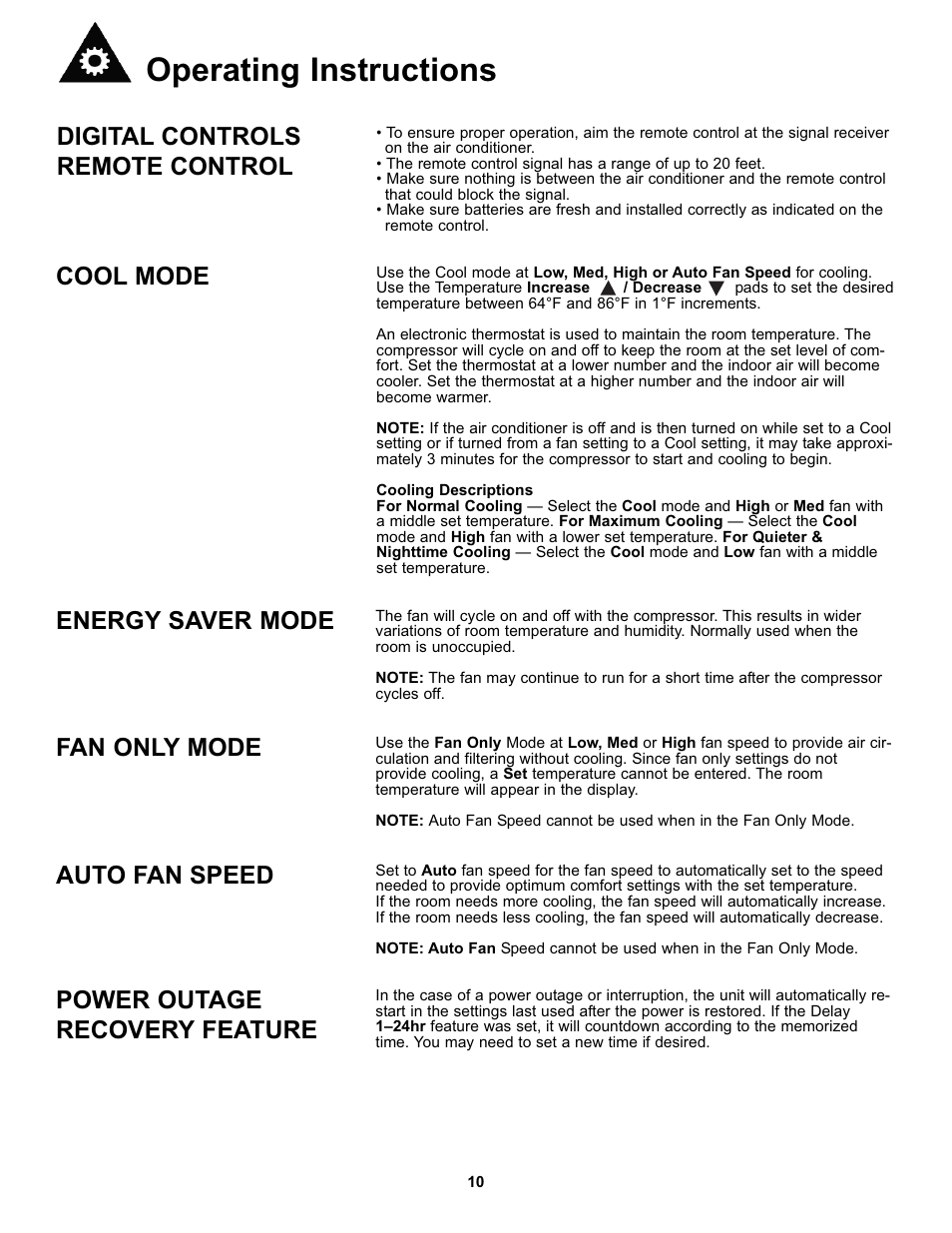 Operating instructions, Digital controls remote control, Cool mode energy saver mode | Fan only mode, Auto fan speed, Power outage recovery feature | Danby DAC10000 User Manual | Page 11 / 39