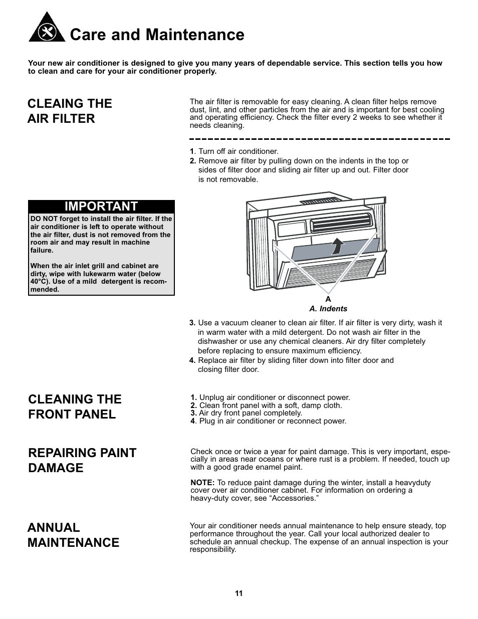 Care and maintenance, Cleaing the air filter, Important | Cleaning the front panel, Repairing paint damage, Annual maintenance | Danby DAC10000 User Manual | Page 12 / 39