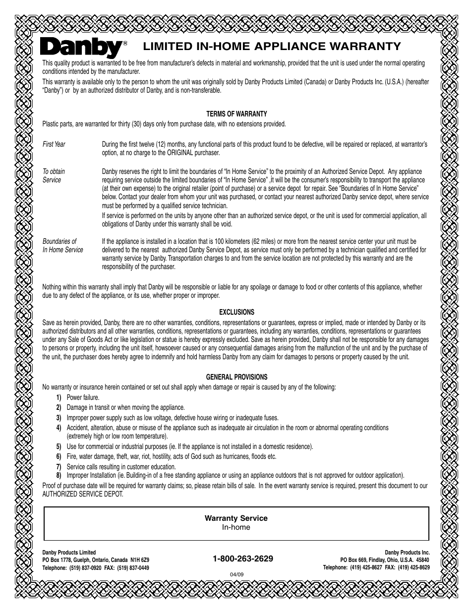 Limited in-home appliance warranty | Danby DAC10000 User Manual | Page 14 / 39