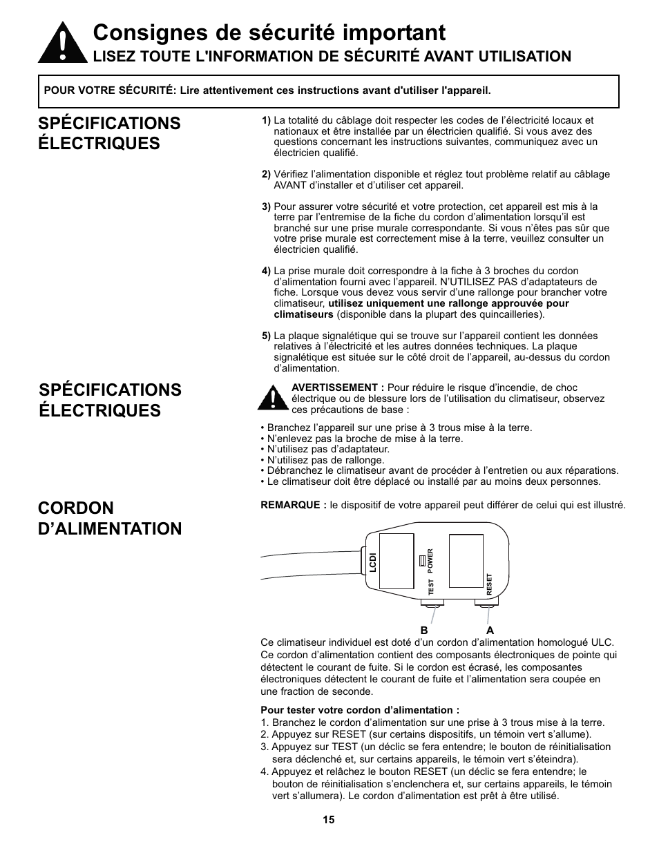 Consignes de sécurité important, Cordon d’alimentation, Spécifications électriques | Danby DAC10000 User Manual | Page 16 / 39