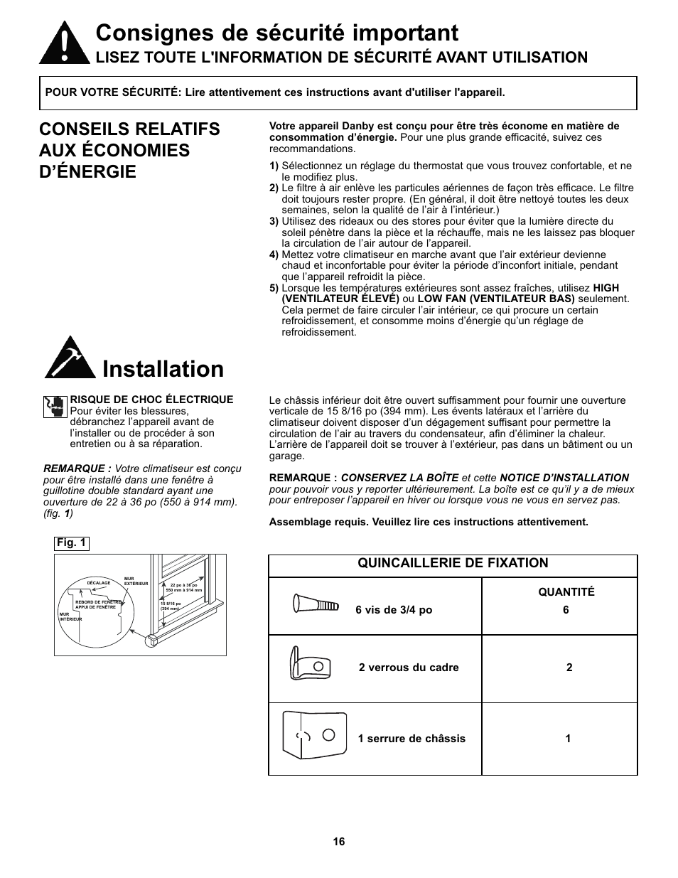 Consignes de sécurité important, Installation, Conseils relatifs aux économies d’énergie | Quincaillerie de fixation | Danby DAC10000 User Manual | Page 17 / 39